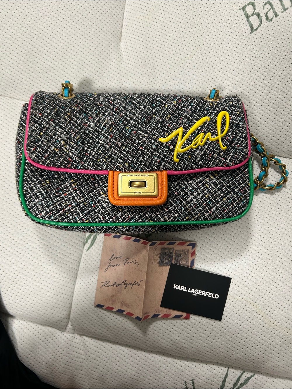 Karl Lagerfeld Multicolor Tweed Shoulder Bag with Yellow Signature